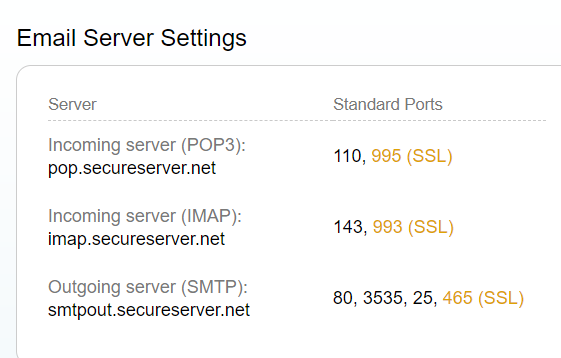Configurações POP e SMTP nas Configurações do servidor de email