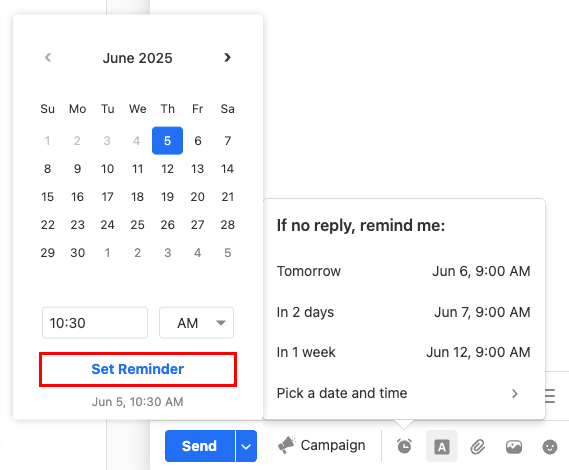 The options for picking a date and time with the Set Reminder button highlighted.