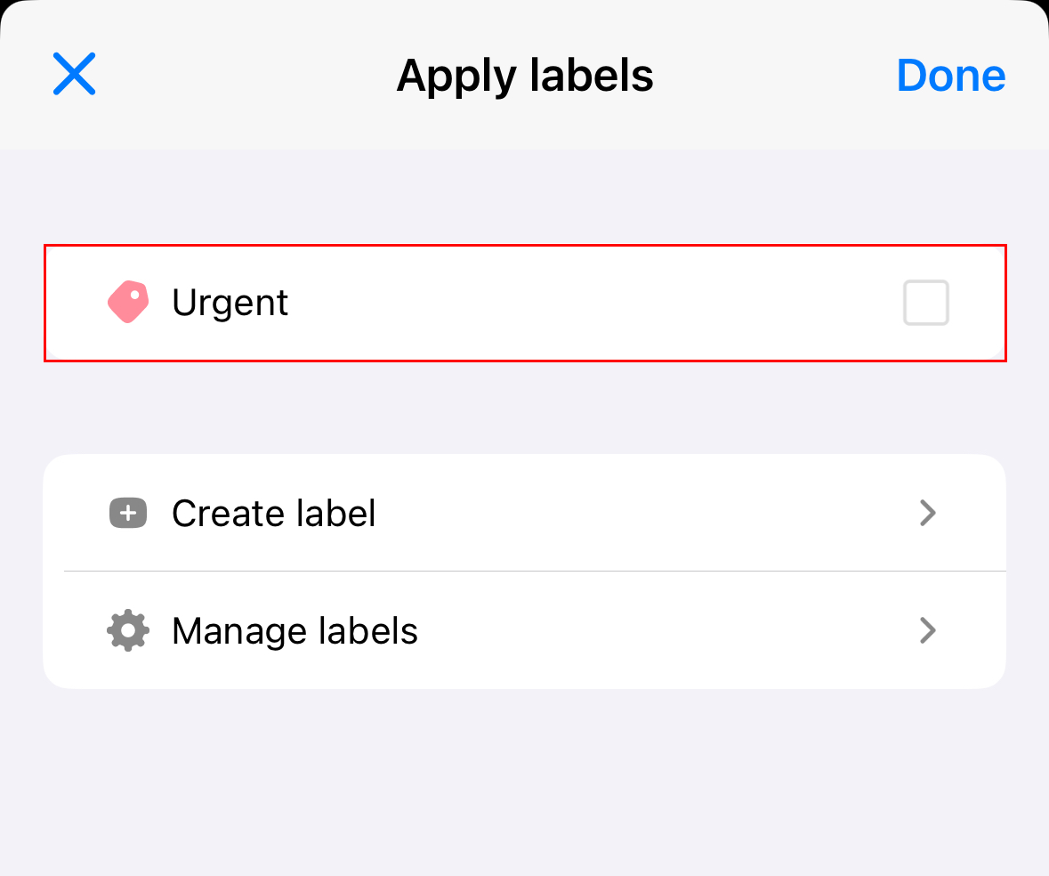 Menu Opsi lainnya terbuka di iOS dengan label contoh yang disorot.