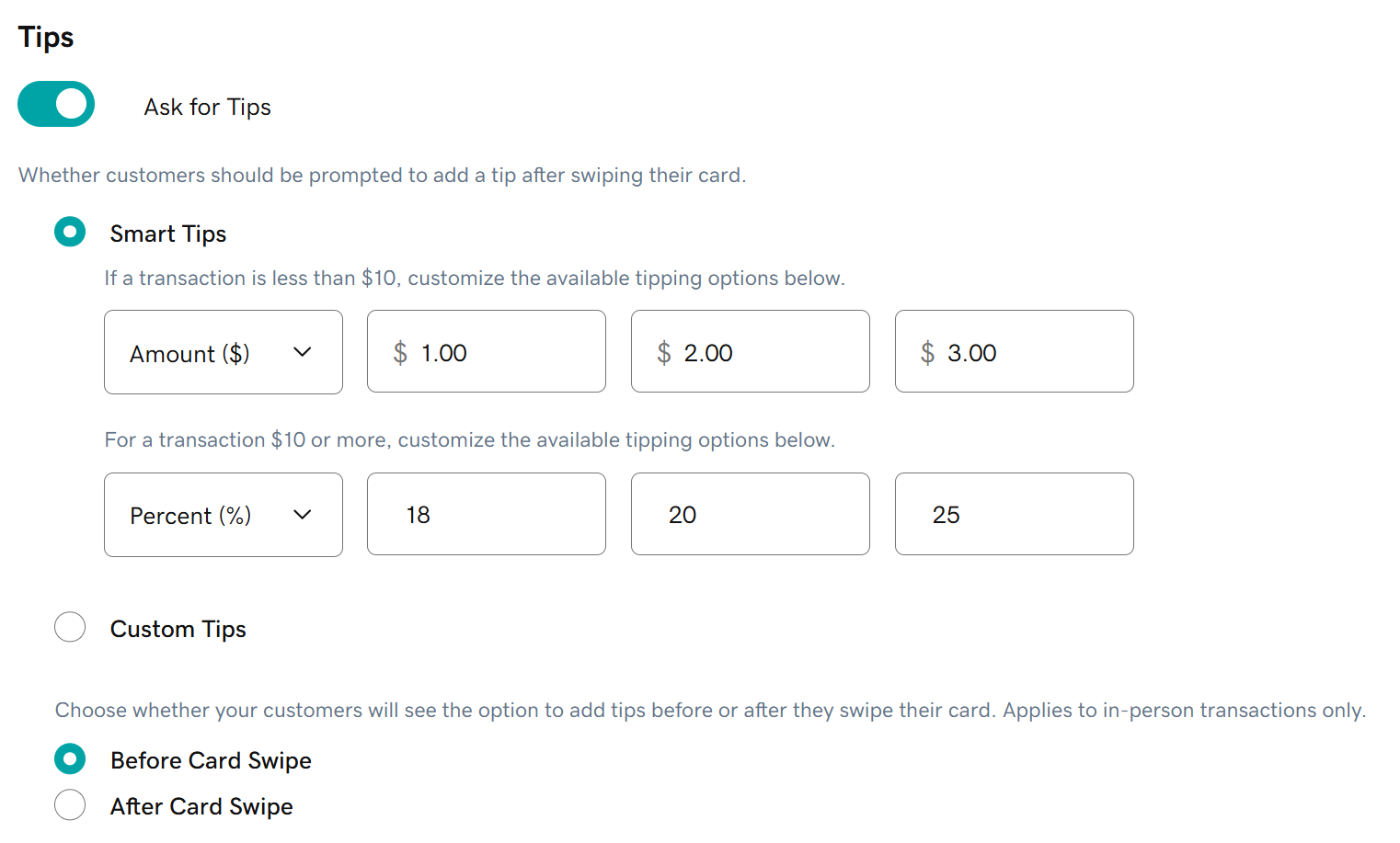 Screenshot of tip settings in Commerce Home, including Smart Tips and Custom Tips