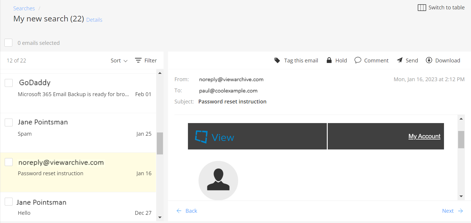 panel view email archiving dashboard