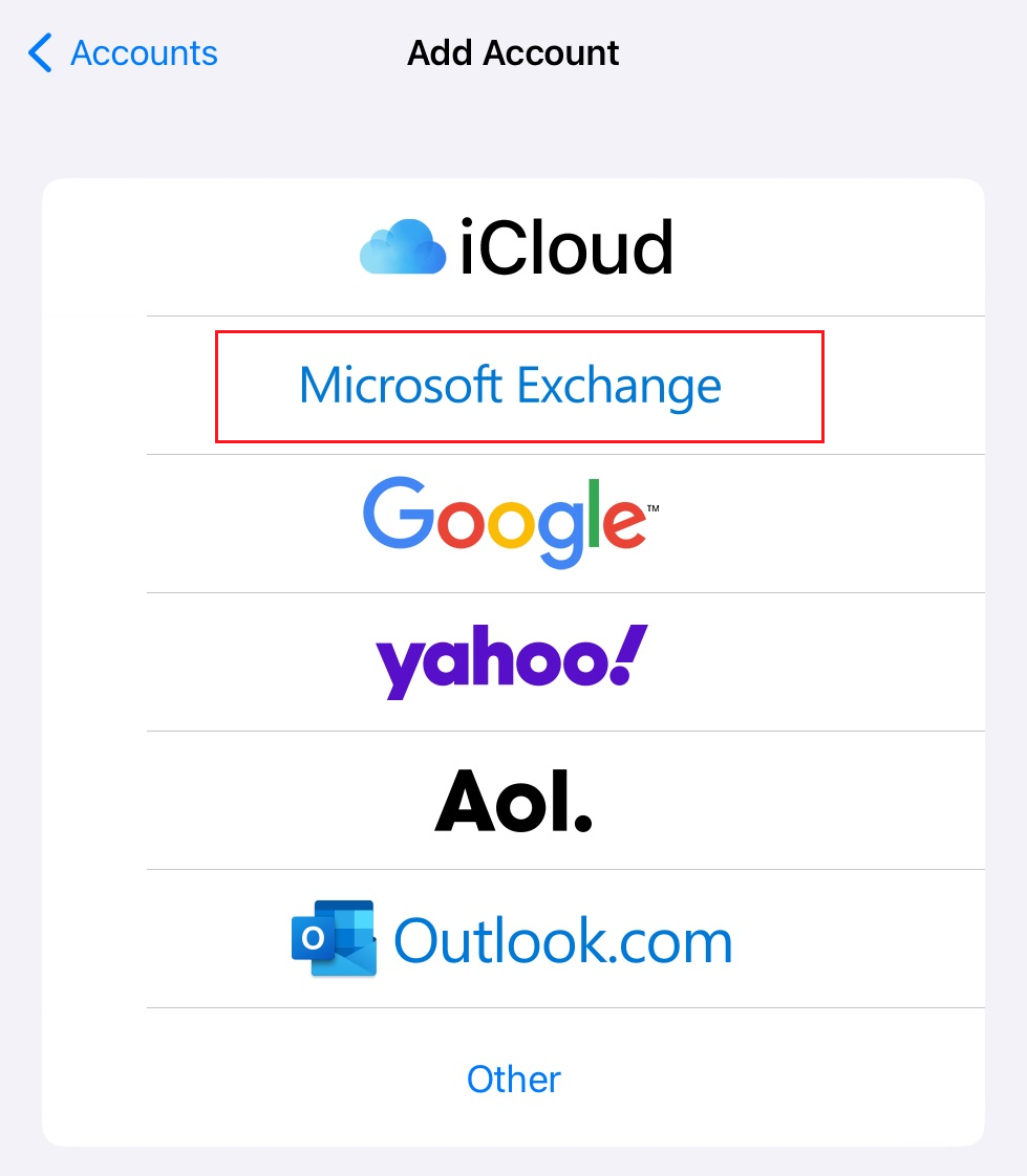 Trykk på Microsoft Exchange på menyen