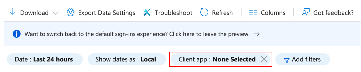 Client app: None selected highlighted