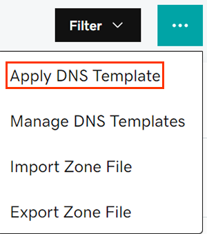 Captura de pantalla que muestra el menú Más opciones expandido y la opción Aplicar plantilla DNS resaltada con un rectángulo rojo