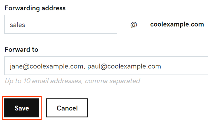 coolexample.com entered as the forwarding email with jane@coolexample.com entered as the email it forwards to