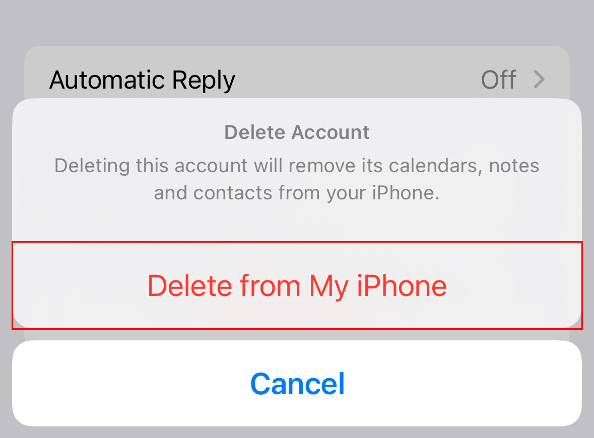 The confirmation message asking to delete account with the Delete from my iPhone button highlighted.