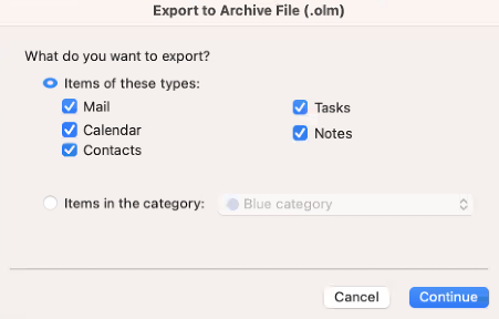 Choose the export file types and select continue