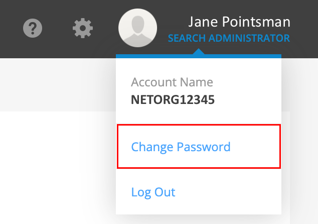 The user's name selected in the Email Archiving portal with the Change Password button highlighted.