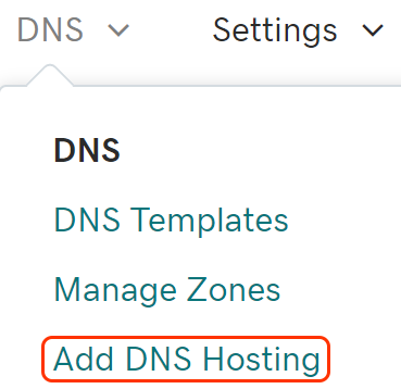 从 DNS 菜单中选择 Add DNS Hosting（添加 DNS 托管）