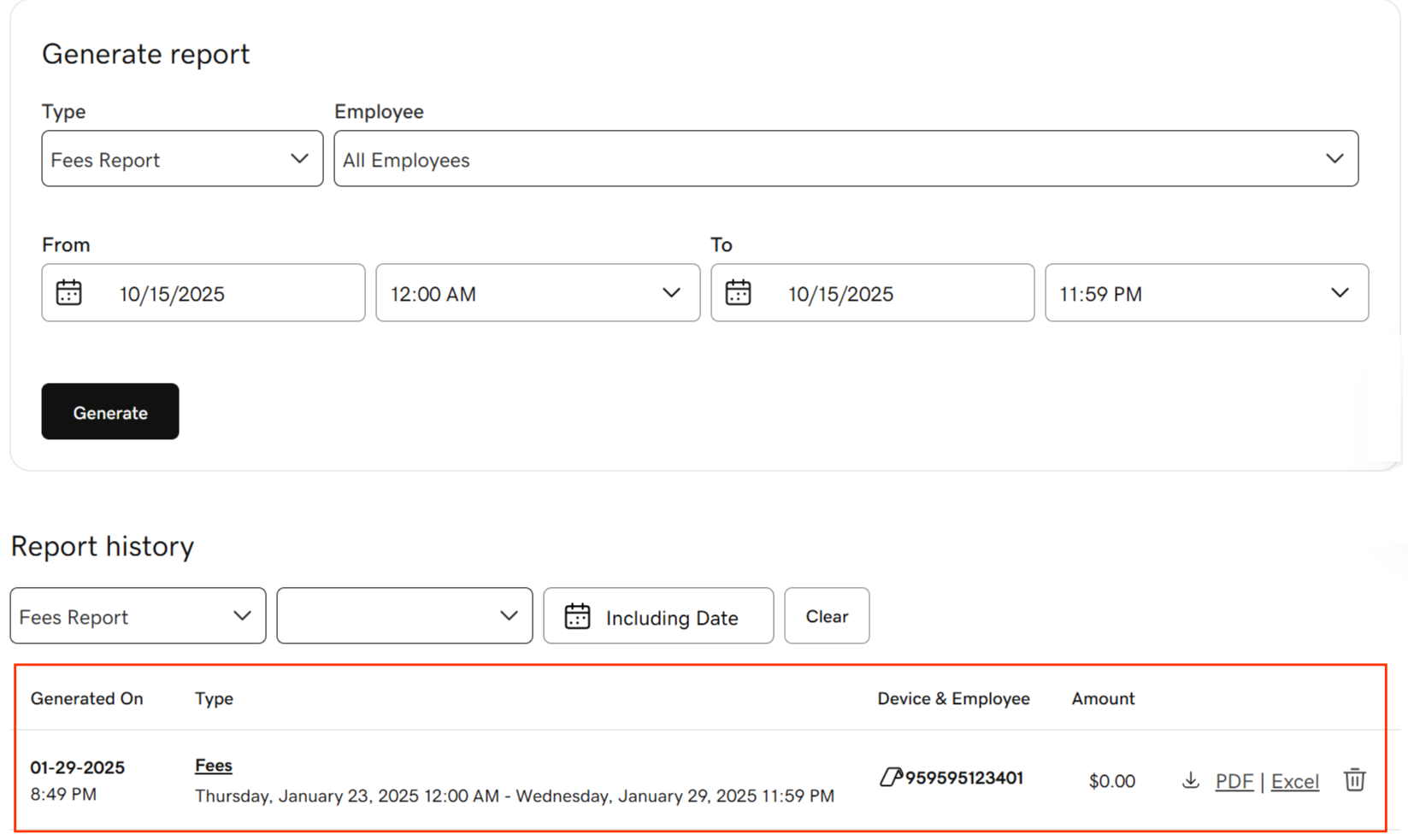 Example list of generated reports