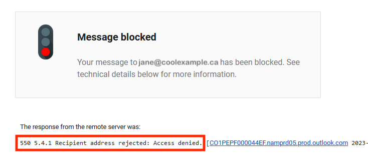 An example of a 550 5.4.1. Recipient address rejected bounceback when sent from Gmail to Microsoft 365