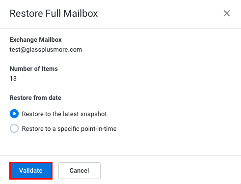 The Restore Full Mailbox menu with the Validate button highlighted.
