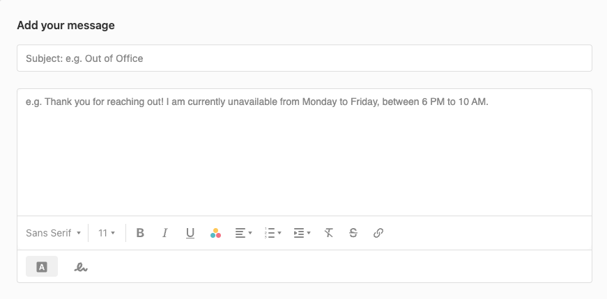 The auto-reply section of the page with the subject and text fields.