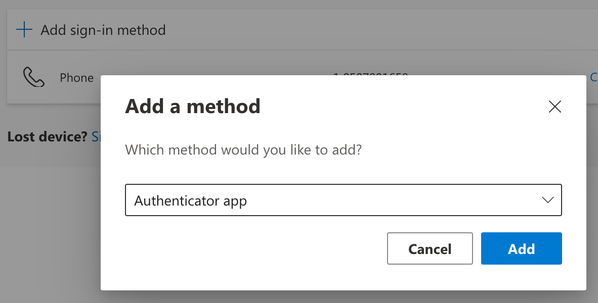 The Add a method modal with the Authenticator app selected.