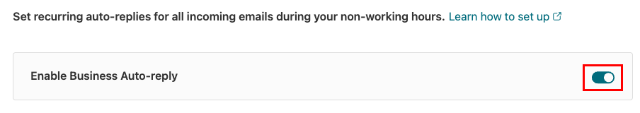 The Enable Business Auto-reply toggle turned on and highlighted.