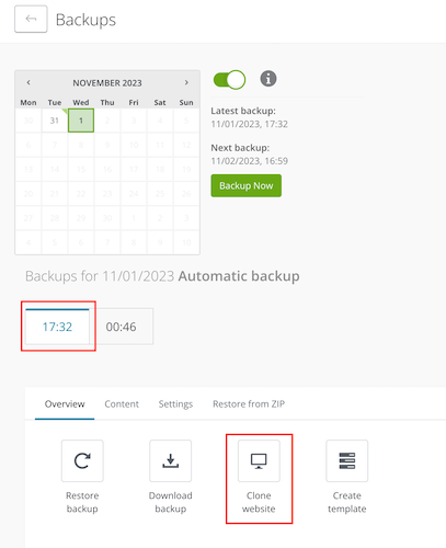 Select backup and then clone website