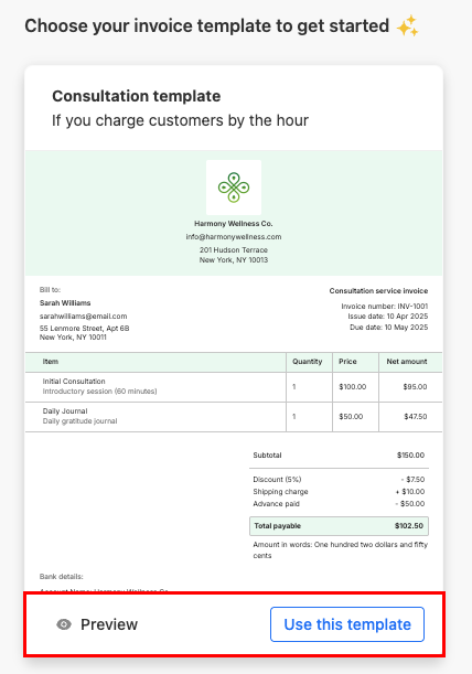 The Preview and Use this template buttons highlighted.