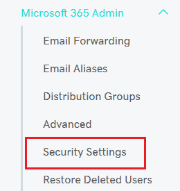 The Microsoft 365 admin menu in the Email and Office Dashboard with Security Settings highlighted.