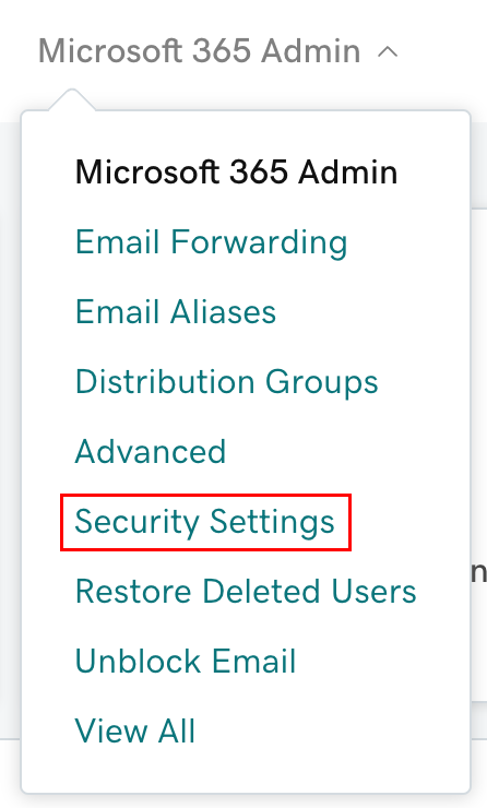 The Microsoft 365 admin menu in the Email and Office Dashboard with Security Settings highlighted.