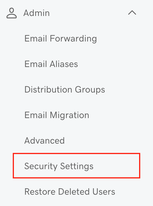 The Admin menu expanded with the Security Settings button highlighted.