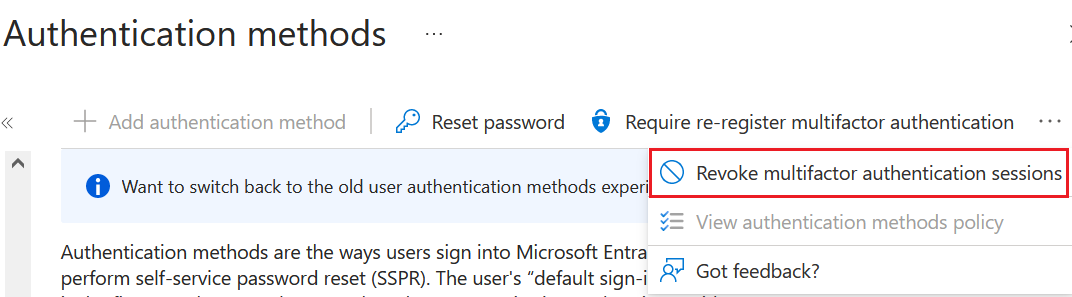 Select revoke multifactor authentication sessions from dropdown