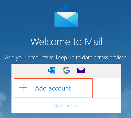 ใต้ข้อความต้อนรับสู่แอป Mail จะมีเครื่องหมายบวกสำหรับเพิ่มบัญชี