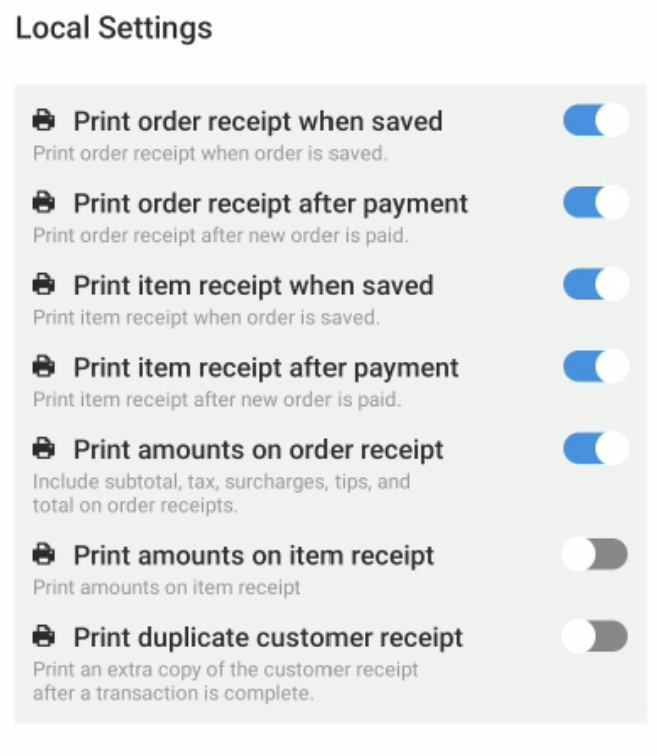 On-device local receipt settings
