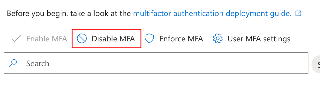 Menu des options au-dessus de la liste des noms avec le bouton Disable MFA (Désactiver MFA) en surbrillance.