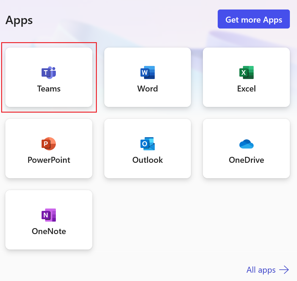 The apps page with the Teams tile button highlighted.