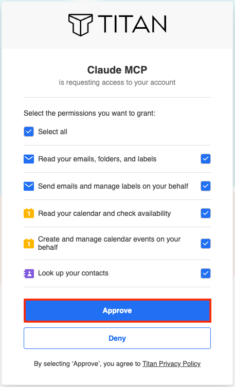 The list of permissions needed for the Titan MCP with the Approve button highlighted.