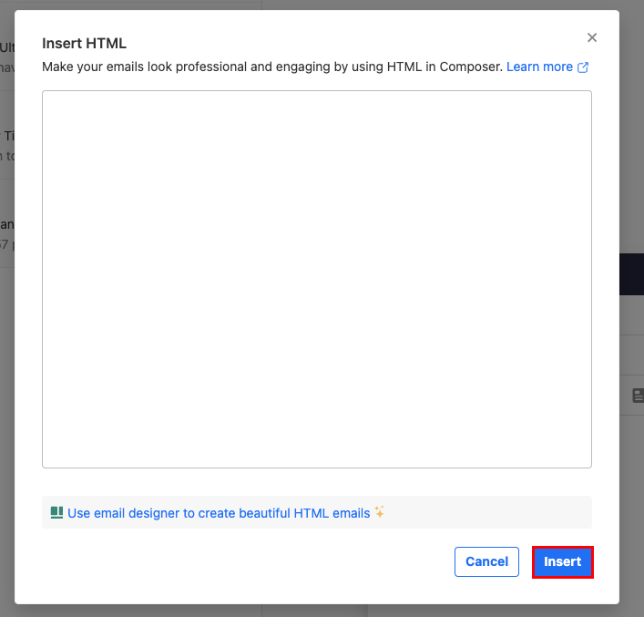 Модаль Insert HTML відкрито з виділеною кнопкою Insert.