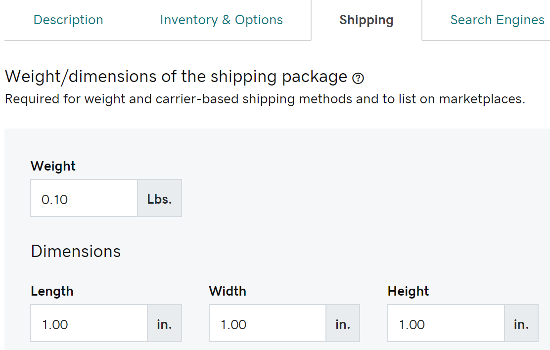 Enter package weight and dimensions