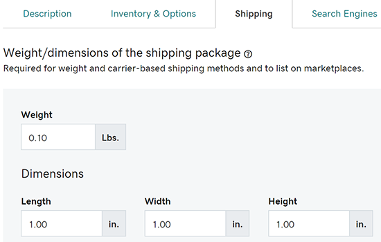 Enter package weight and dimensions