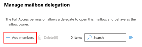 The Manage mailbox delegation menu with the + Add members button highlighted.