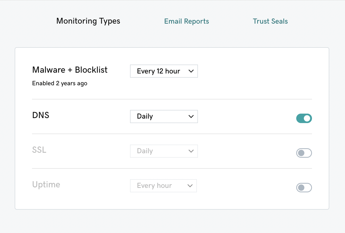 The Monitoring Types screen.