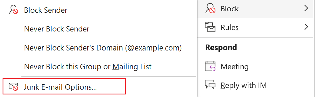 Vælg blokér og derefter Junk E-mail Options