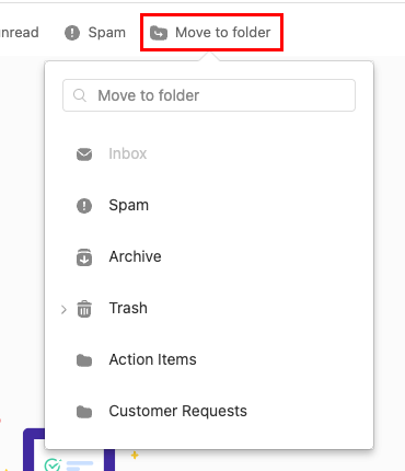 Кнопка Move to folder (Перемістити до папки) підсвічується списком прикладів відображених папок.