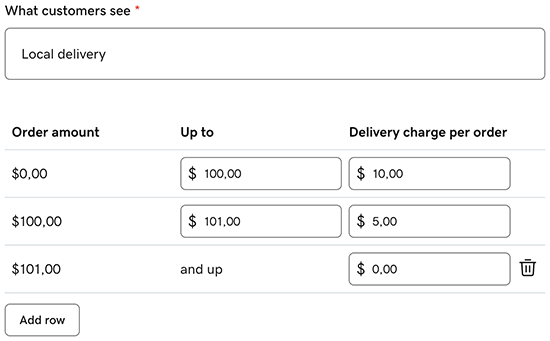 Rate table showing Order amount, Up to, and Delivery charge per order columns
