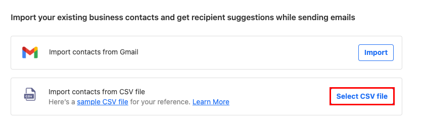 The options for importing contacts with the Select CSV file button highlighted.