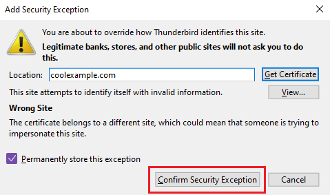Konfirmasikan pengecualian keamanan untuk klien email thunderbird
