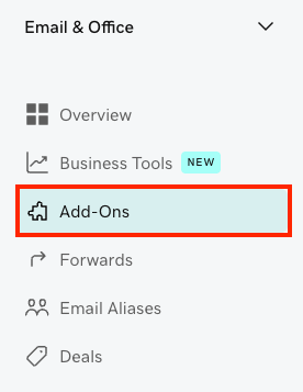 The Email & Office menu expanded with the Add-Ons button highlighted.