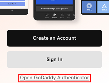 GoDaddy Studio app entry screen showing authenticator link