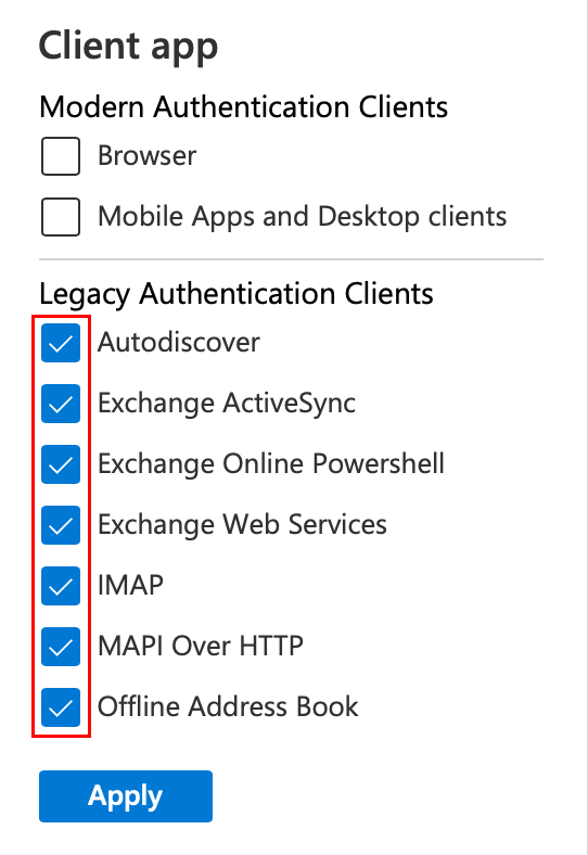 select checkboxes next to applications under legacy authentication clients