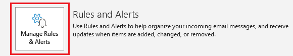 The Manage Rules & Alerts button in Outlook.