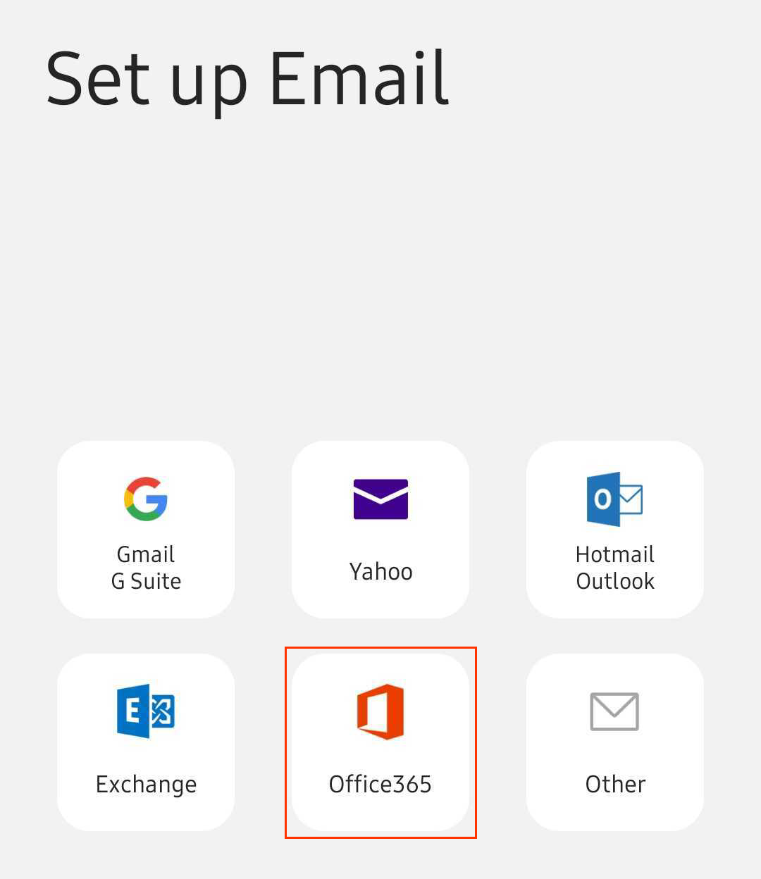 Écran proposant différentes options de client de messagerie, dont Office 365 avec carré rouge