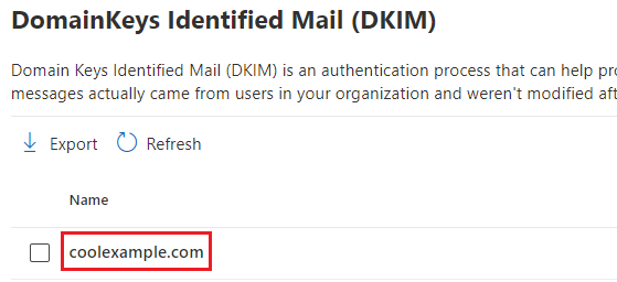 The DKIM page with an example domain name highlighted.