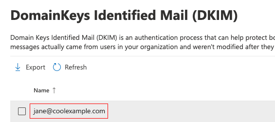 DKIM -siden med et eksempel på et domenenavn uthevet.
