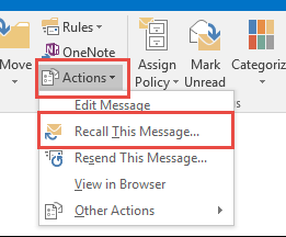 classic ribbon with actions and recall this message highlighted