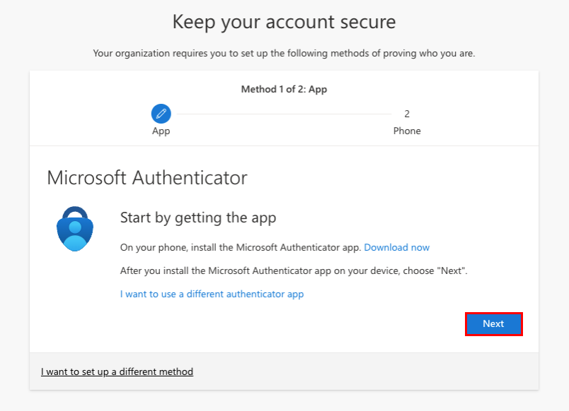 The Keep your account secure page with the Next button highlighted.