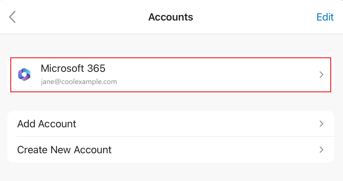 Il nuovo account email Microsoft 365 viene visualizzato in Account